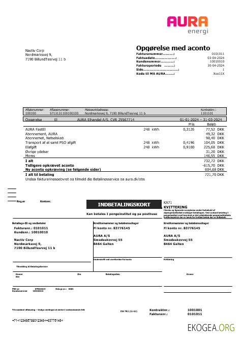 Modèle de facture de services publics AURA Energi du Danemark aux formats Word et PDF